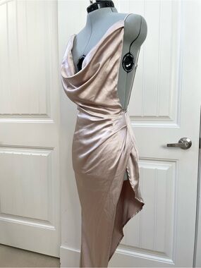 PrettyLittleThing x Naomi Campbell Blush Satin Cowl High-Low Slip Dress
